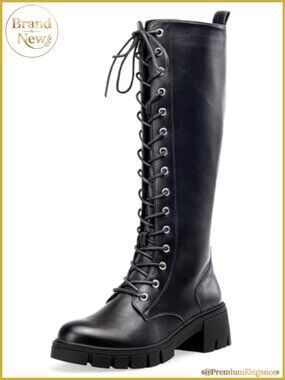 Women's Knee-High Lace Up Platform Combat Boots Faux Leather